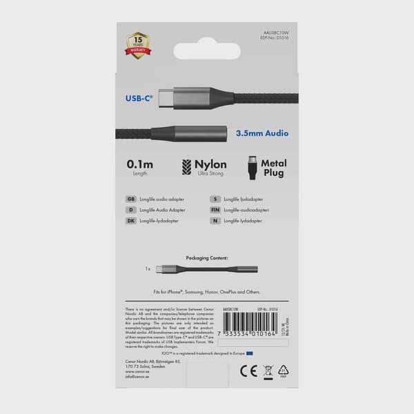 X2O Longlife USB-C-ljudadapter USB-C/3,5 mm 0,1 m svart