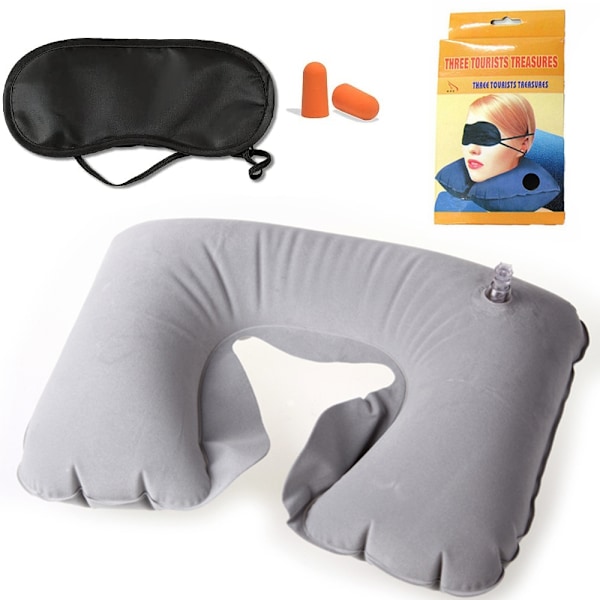 Uppblåsbar Resekudde / Nackkudde - Öronproppar & sovmask