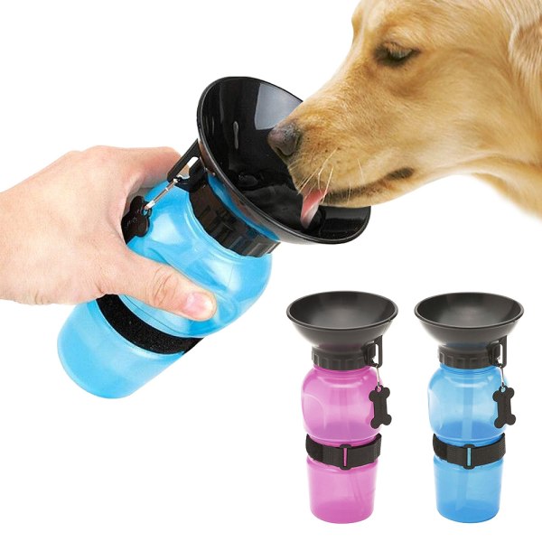 Vattenflaska för Hund / Hundflaska med Skål / Tratt - Portabel Rosa
