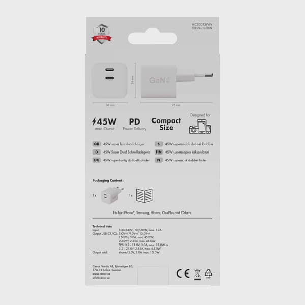 X2O 45W dubbel hemmaladdare USB-C/C GaN vit