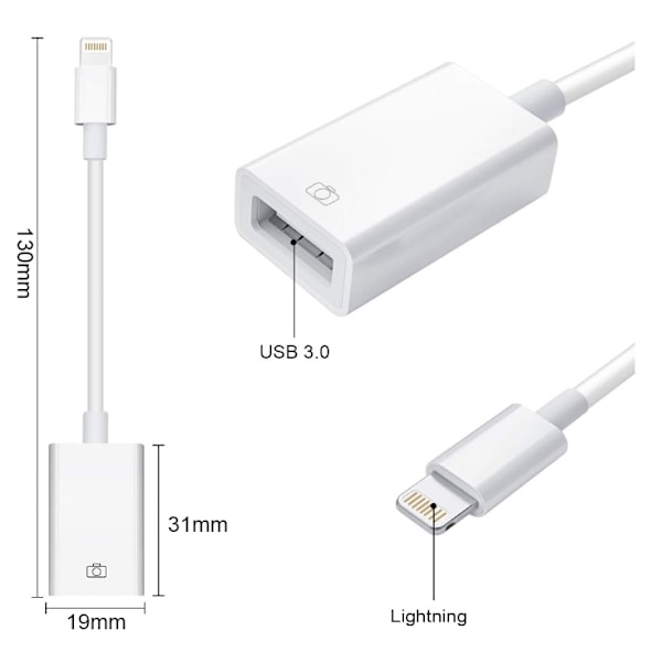 iPhone Sovitin USB:hen – USB 2.0 Naaras ja Lightning – OTG White