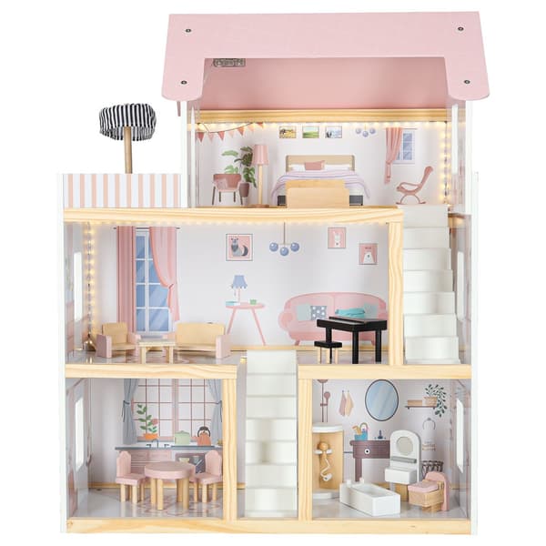 Trähus dockhus möbler 80 cm rosa LED