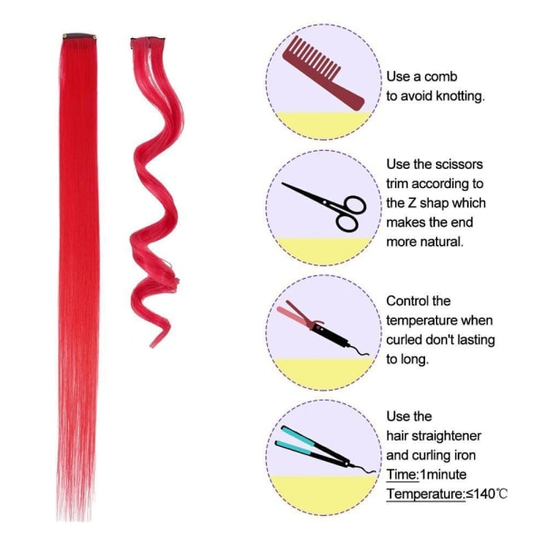 4-Pak - Clip-on Farvet Hair Extensions / Striber - 56 cm Red #4 Röd