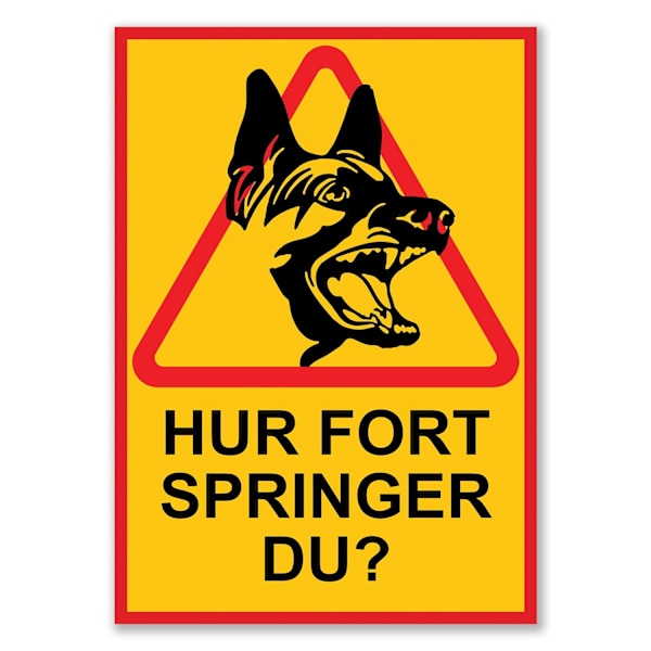 HUR FORT SPRINGER DU? Skylt Hundskylt / Varningsskylt Hund / A5 multifärg