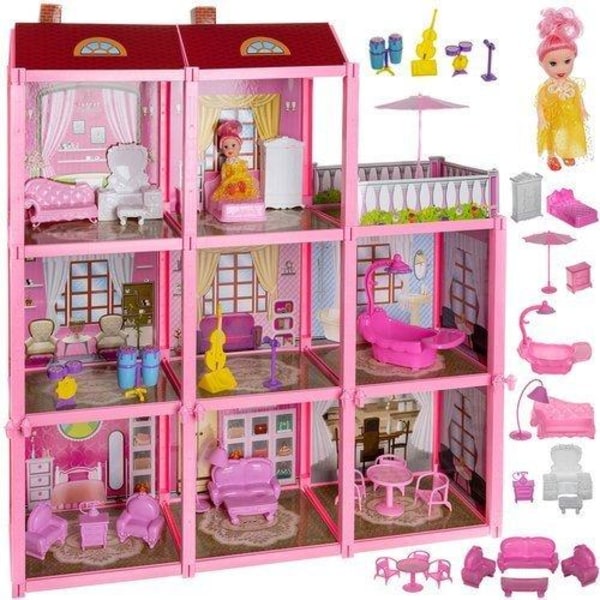 Dukkehus / Legetøjshus for børn - 8 værelser med møbler Pink