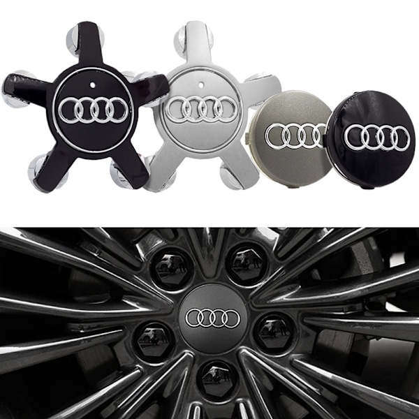 4-Pack - Audi Centrumkåpor / Hjulnav Emblem - Bil Svart 60 mm