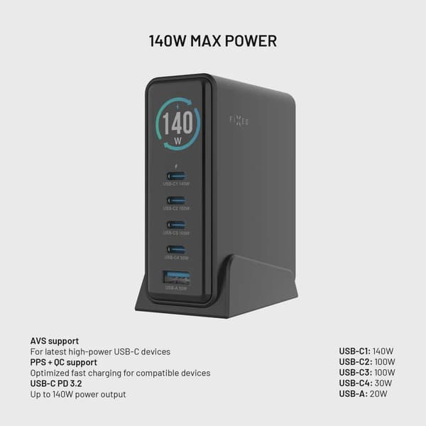 FIXED Super Snabb GaN Desktop Laddare 140W 4xUSB-C/USB-A