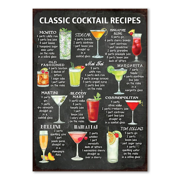 Drikkevælger Skilt - Cocktailopskrifter MultiColor A3 - 30x42cm