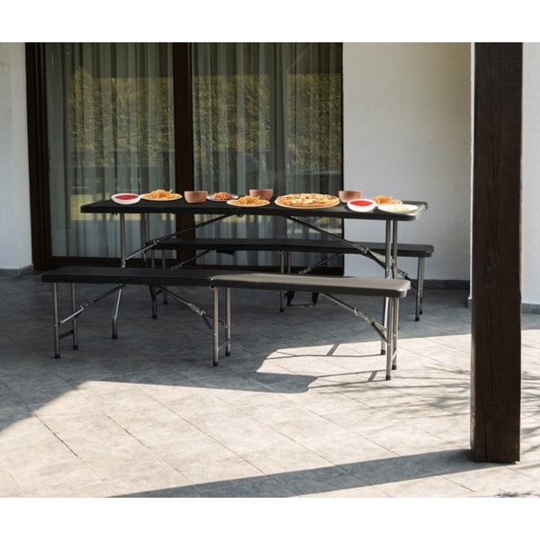 Fällbart trädgårdsbord 180 cm + 2 bänkar - svart