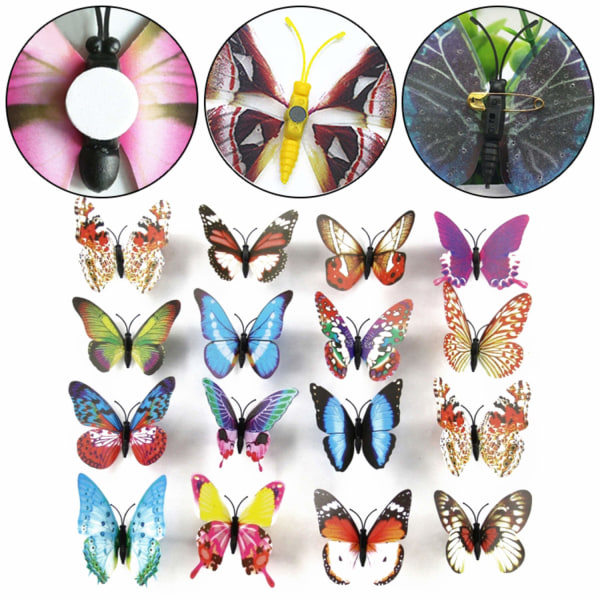 10-pak sommerfugle med 3D-effekt og lysende - Forskellige monteringer MultiColor Säkerhetsnål