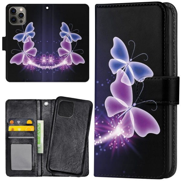 iPhone 13 Pro - Plånboksfodral/Skal Lila Fjärilar multifärg