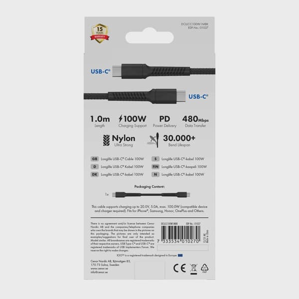 X2O Longlife 100 W USB-C/C-kabel 1 m svart
