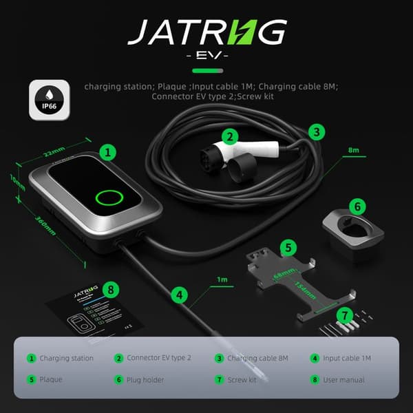 Laddstation - JATRHG - JATRHG S1 - 11 kW - Trefas 16A - Kabel 8 m Typ 2 grå