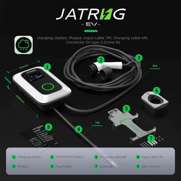 JATRHG S1 Laddstation 11kW 16A trefas, kabel 6m, Typ 2, WiFi, mobilapp, Wallbox EV vit