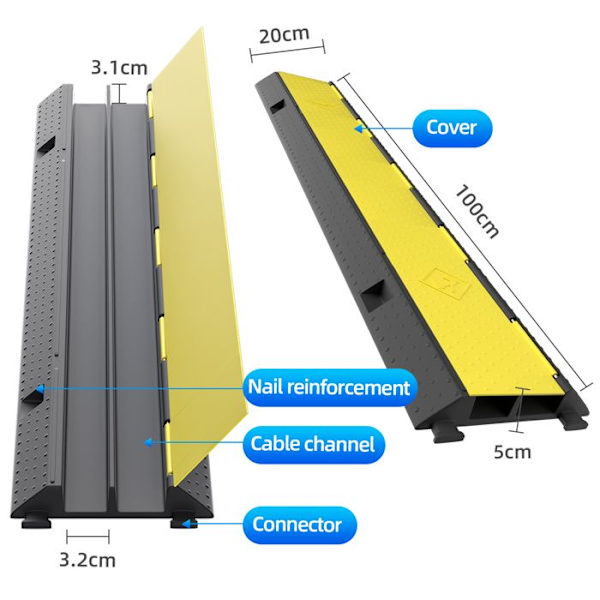 JATRHG Kabelskyddsramper, set om 2 med 2 kanaler, återvinningsbart PVC-gummi, modulärt farthinder, mått 100x20x5cm svart