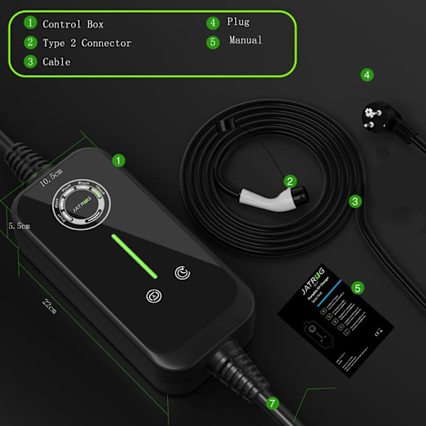 JATRHG EV-laddare 12M 3,6KW-1,5KW 16A|13A|10A|8A Typ 2 Bärbar elbilsladdningskabel Omkopplingsbar ström EV-laddare
