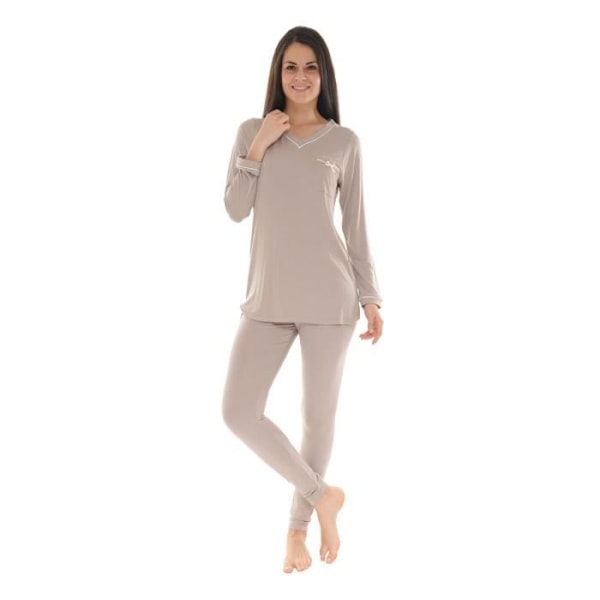 Pyjamas Lång Kvinna - Christian Cane - Modell Catalina - Ljus Brun - V-ringning - Elastisk Midja kastanj 44