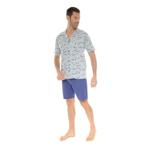 Pyjamasæt - WARNER - Grå - Knapærmer - Ensfarvet kort navy blå - Elastisk talje Grå jag