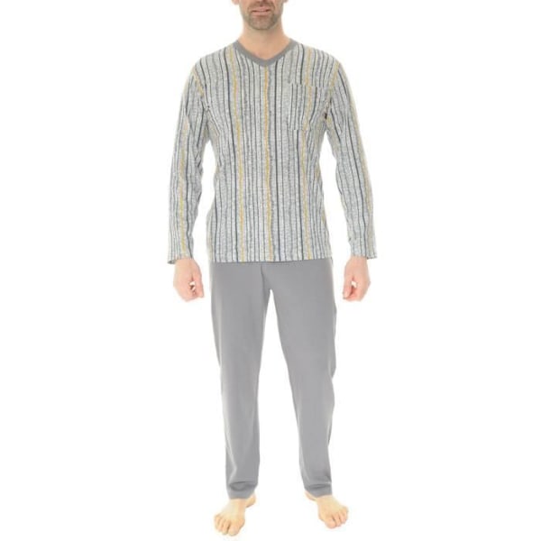 Pyjamas i bomull med stängd front Christian Cane grå - Långa ärmar - V-ringning - Snörning Grå, svart, vit och senap M