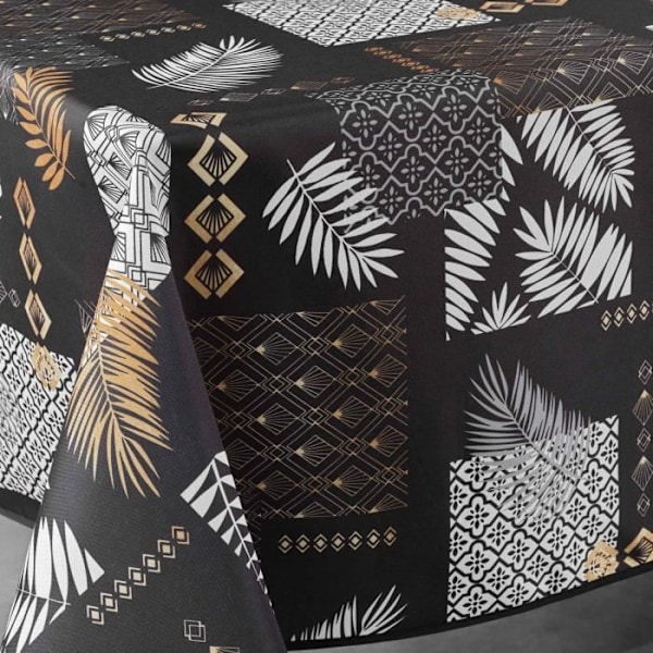Färgstark rektangulär bordsduk - Lövverk och grafiska mönster - Svart - 100% polyester - Maskintvättbar Svart