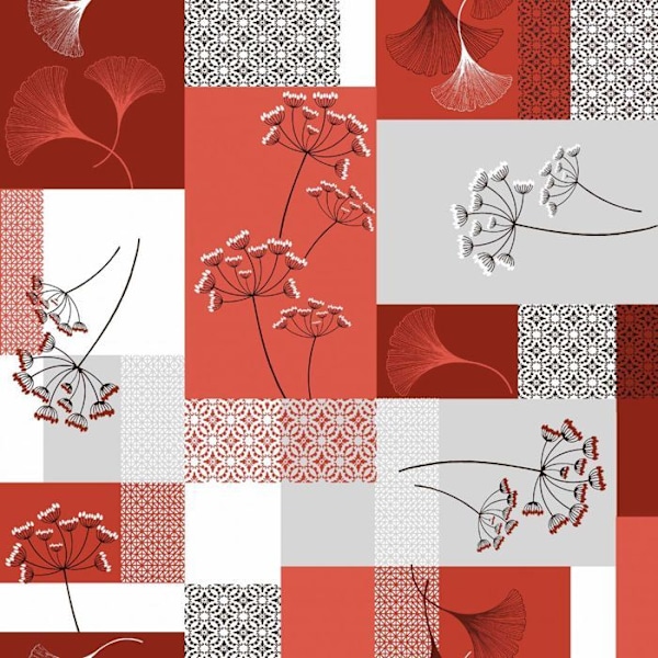 Vokset lærred pr. meter - Bredde 140 cm - Røde og grå blomster og grafiske mønstre - Rød Röd, grå, vit