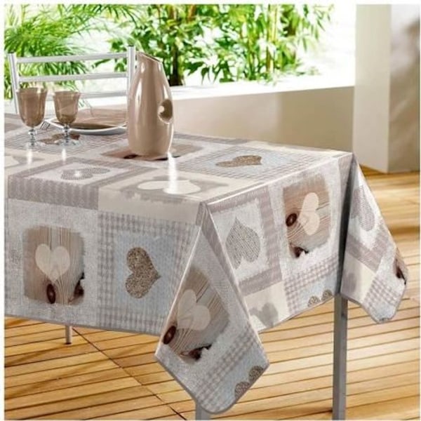 Duk i vaxduk rektangulär - Cosy - Hjärta - 140 x 300 cm - Beige Beige, grå, écru