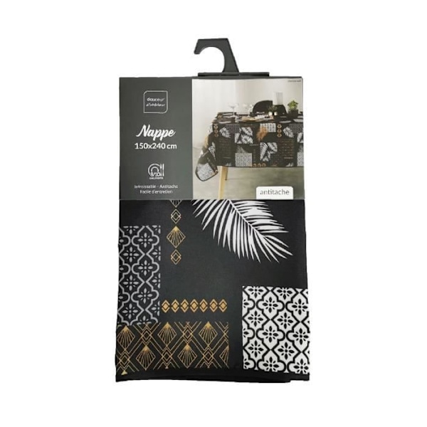 Färgstark rektangulär bordsduk - Lövverk och grafiska mönster - Svart - 100% polyester - Maskintvättbar Svart