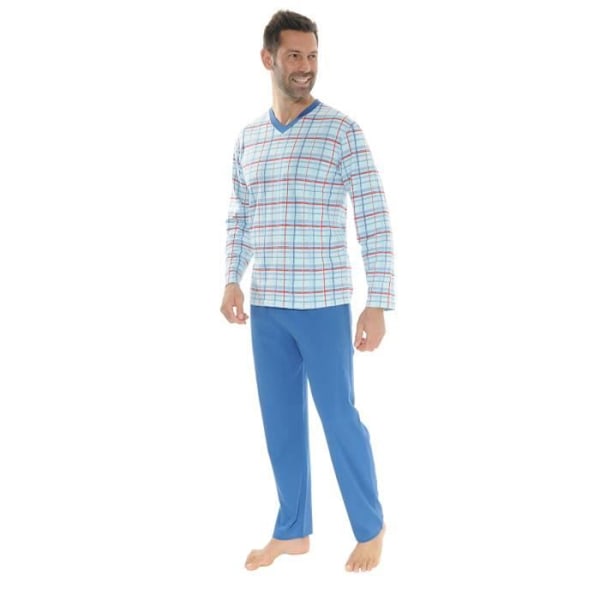 Pyjamas Lång - Nelio - 4263 - 100% Bomull - V-Hals - Rutig Mönster Blå XL