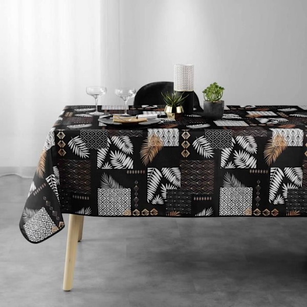 Färgstark rektangulär bordsduk - Lövverk och grafiska mönster - Svart - 100% polyester - Maskintvättbar Svart