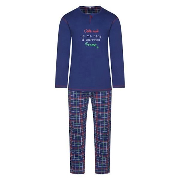 Pyjama pitkä puuvilla suljettu Christian Cane - Sininen - Pitkät hihat - Tunisia-kaulus - Napitettu sulkeminen Blå, röd, grön och vit XL