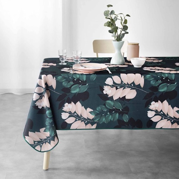 Rektangulær antistofdug - 150 x 200 cm - Blå og rosa blade og blomster - Blå baggrund - Blå Blå