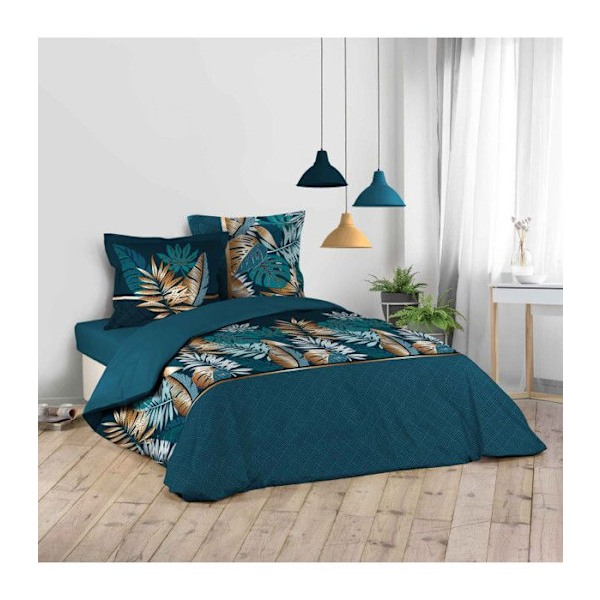 Bäddset - ALIANOR - 240x220 cm - 100% bomull - Allover tryck - 3 st Blå Anka