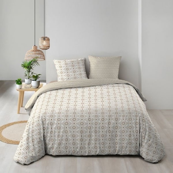 Käännettävä peite - SISUSTUKSEN PEHMOS - 240x260 cm - Puuvilla - Graafiset kuviot - Beige Beige, vit