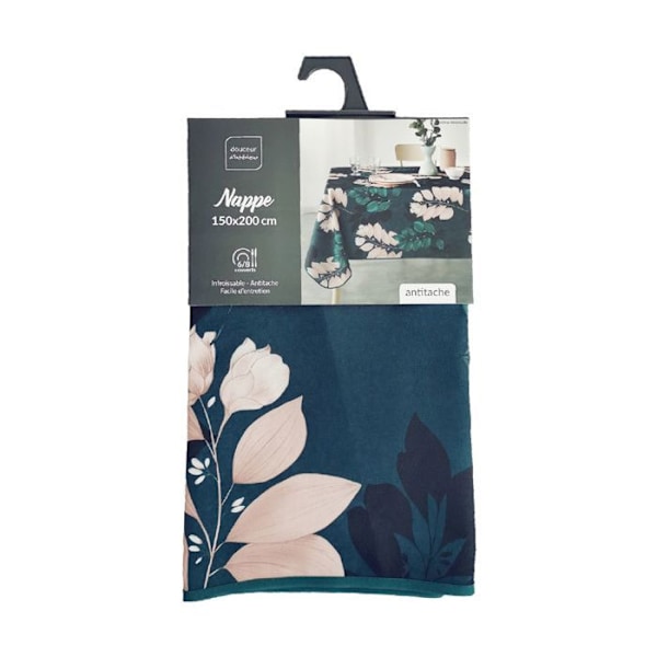 Rektangulær antistofdug - 150 x 200 cm - Blå og rosa blade og blomster - Blå baggrund - Blå Blå