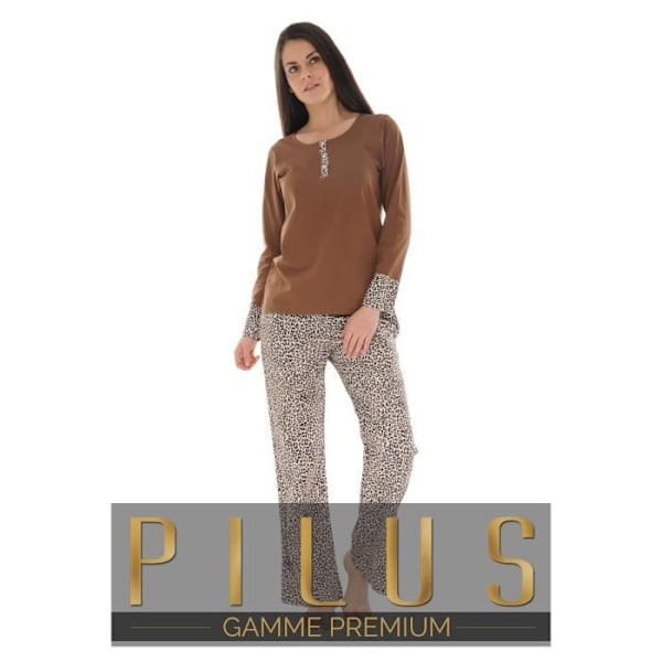 Pyjamas Lange Brun Agathe - PILUS - Dame - Net og satin af leopardbomuld kastanj 42
