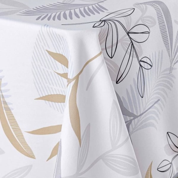 Fläckavvisande rektangulär duk - 150x240 cm - Beige, grå och vit lövring - Vit 150 x 240