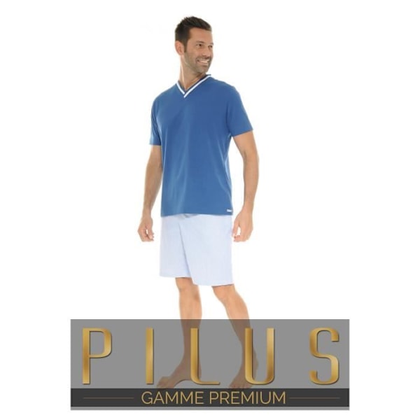 Pyjam court - PILUS - Model 5696 - V-hals - 100% bomuld - Elastisk størrelse Blå M