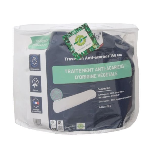 Traversin fast anti-mygler - 140 cm - Tillverkat i Frankrike - Vit