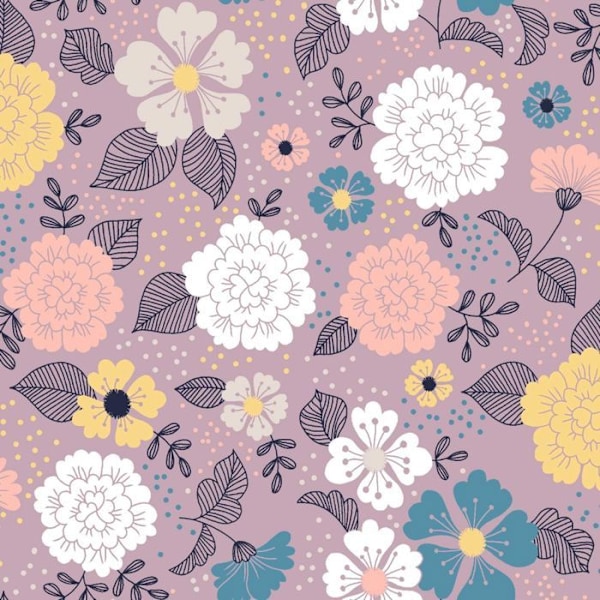 Vaxduk per meter - Bredd 140 cm - Blommor på lila bakgrund - Flerfärgad Flerfärgad