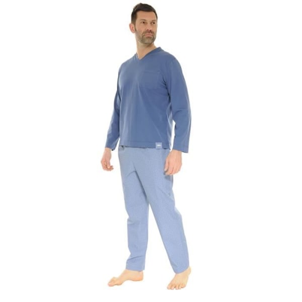 Pyjamas Lange Mand - Pilus - Bertin - Blå Indigo - 100% Bomuld - Elastisk Talje Blå M