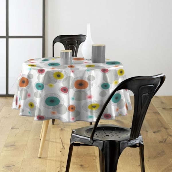 Pyöreä vahakangas - SISÄTILOJEN PEHMENYS - Halkaisija 160 cm - Värikkäitä pyöreitä kuvioita - Pesukelpoinen orange, blå, röd, gul och grå