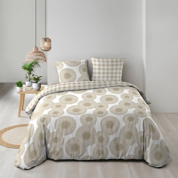 Reversibel dyneovertræk + 240 x 220 cm bomuld 57 tråde + 2 Nebulla pudebetræk Beige