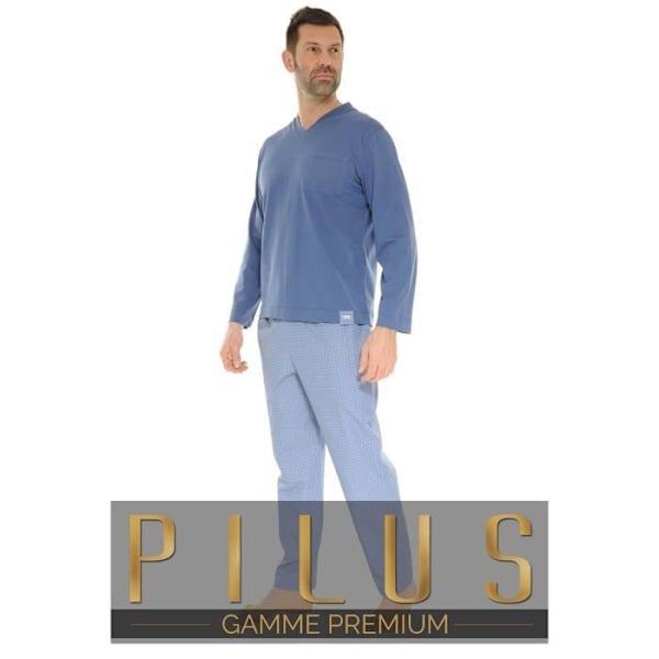 Pyjamas Lange Mand - Pilus - Bertin - Blå Indigo - 100% Bomuld - Elastisk Talje Blå jag