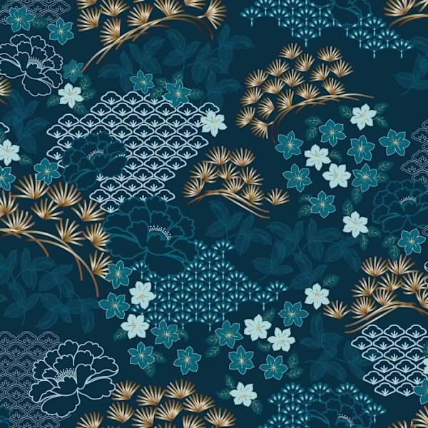 Vaxduk - Ej specificerat - Japanska blommor - Blå och guldig - Bredd 140 cm - Tvättbar Blått och guld