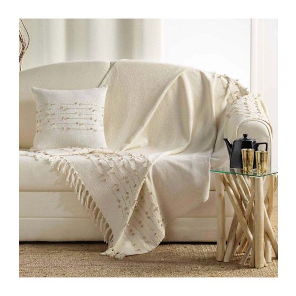 PLAID A FRANGES 125 x 150 CM COTON UNI+FILS COUPES GOLDEN SUNSET Ecru