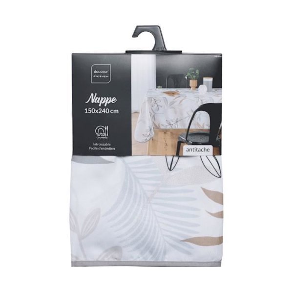 Fläckavvisande rektangulär duk - 150x240 cm - Beige, grå och vit lövring - Vit 150 x 240