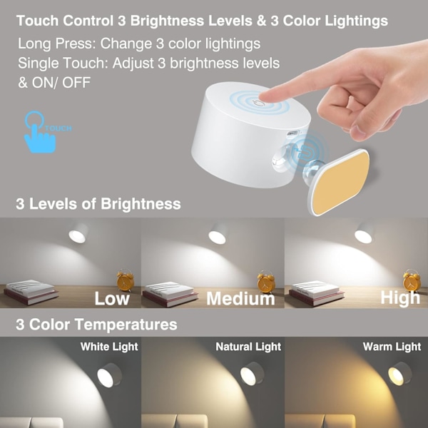 Batteridriven vägglampa, 360° justerbar belysning inomhus vägglampa, 3 färglägen, 3 ljusstyrkenivåer med touchkontroll White