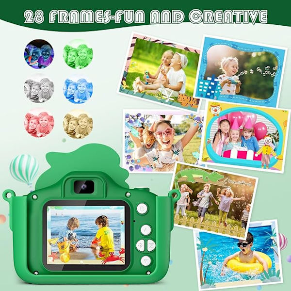 Dinosaur-kamera, lasten kamera 2 tuuman näytöllä, 1080P, 32 Gt lasten selfie-kamera, voidaan käyttää lahjana ja leluna (vihreä)