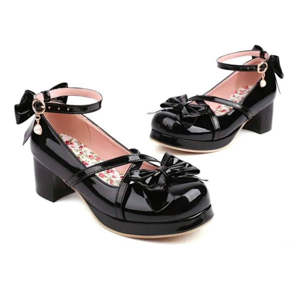 Glittrande lack Lolita skor kvinnor röd bröllop fest strappy plattform Mary Janes pumps ankelrem block kubanska klackar svart Black 3