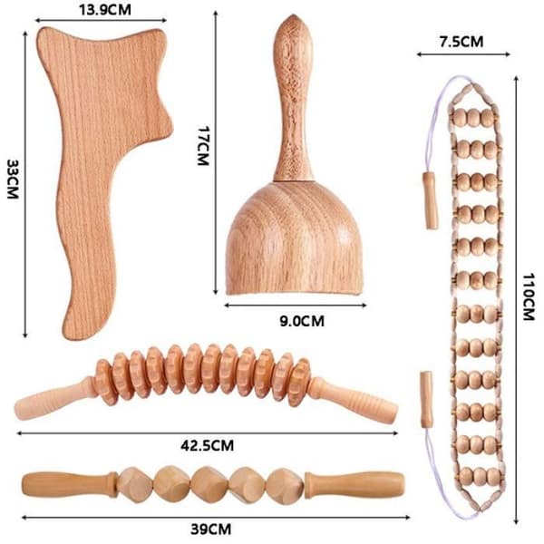 XJYDNCG Sæt med 6 træmassage-skrabeværktøjer, massagerulle, lymfedrænage, solid, multifunktionel MASSAGERULLE